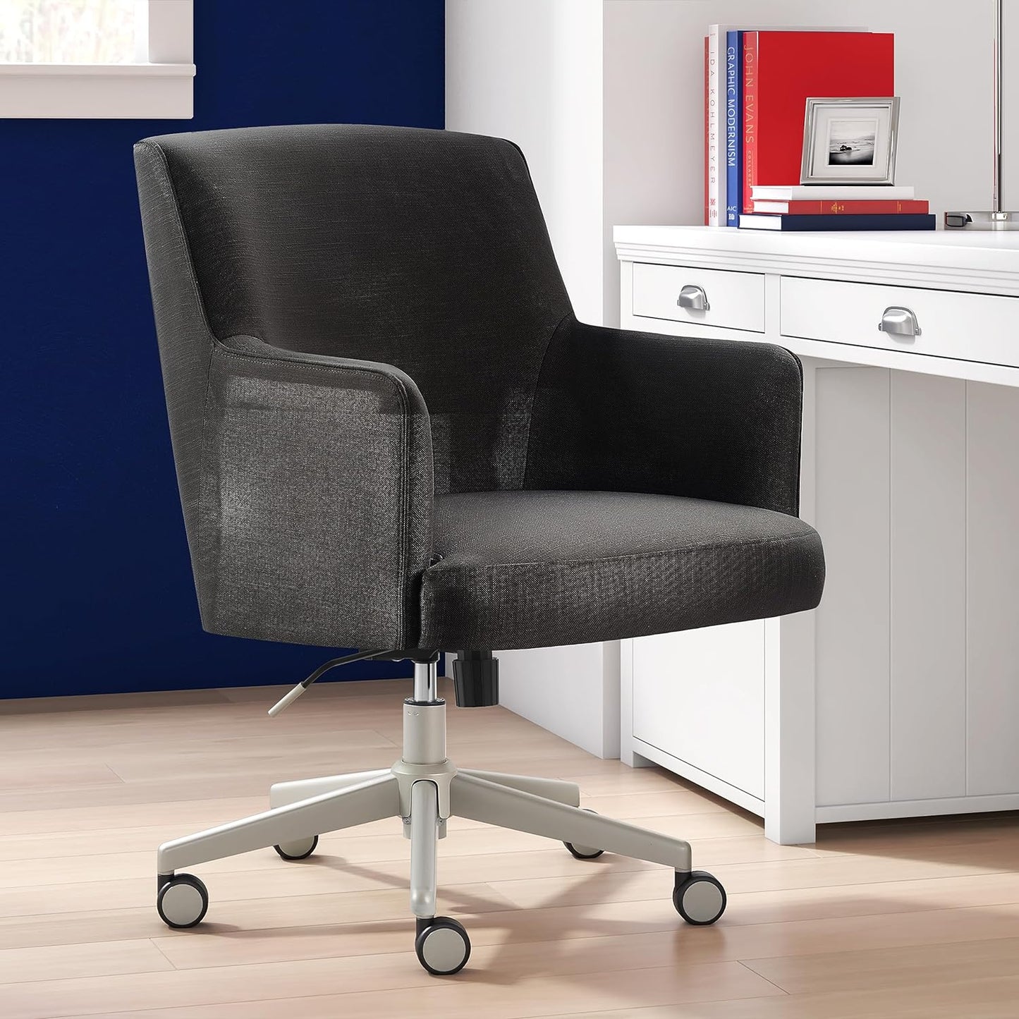 NEW in Box - Tommy Hilfiger Belmont Home Office Chair Adjustable Height and 360 Swivel for Computer Desk, Stainless Steel Base with Smooth Rolling Casters, Twill Fabric Upholstery, Twill Fabric Dark Gray - Retail $285