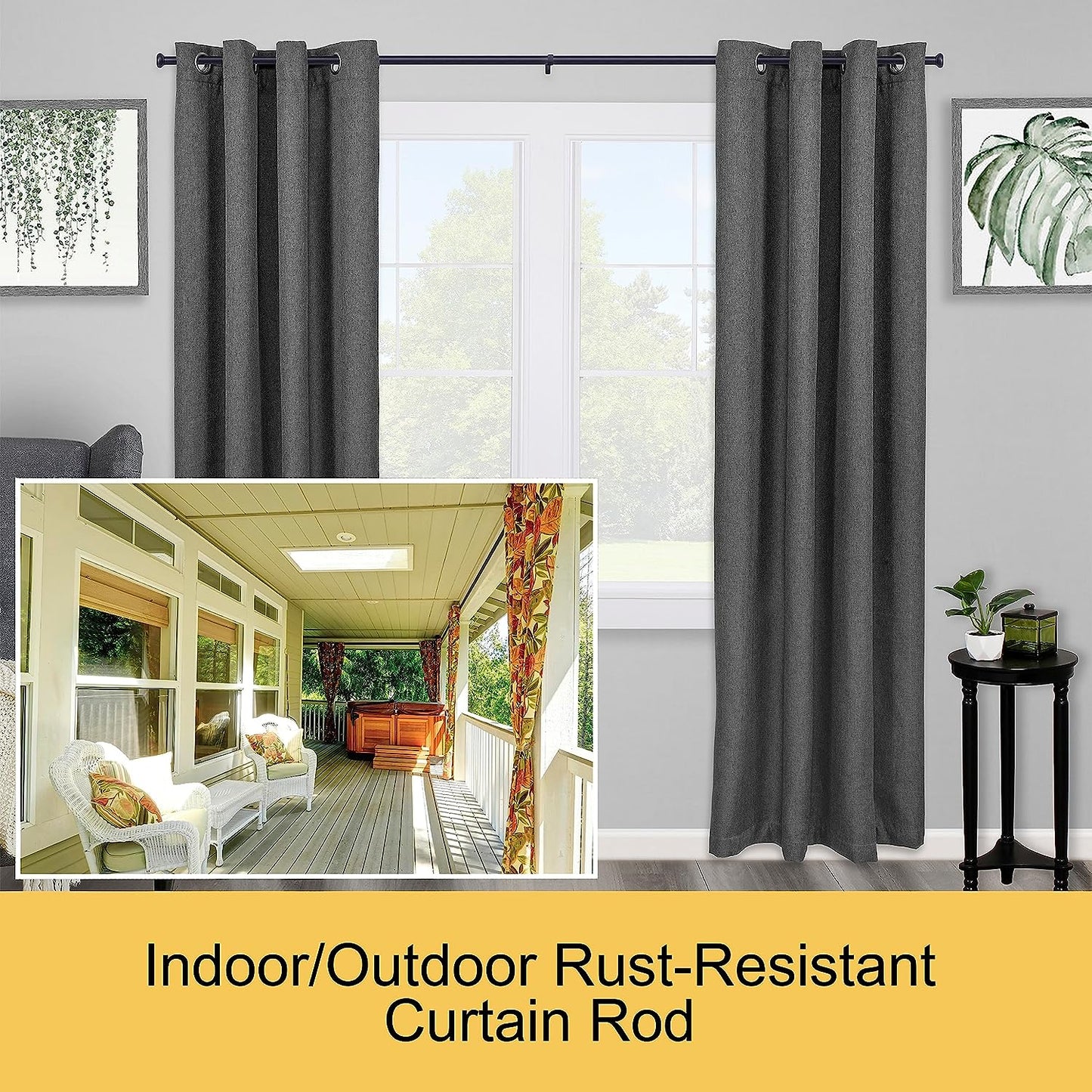 NEW - Kenney KN90001 Weaver Cap End Indoor/Outdoor Rust-Resistant Curtain Rod, 72-144" Adjustable Length, Black Finish, 1" Diameter Steel Tube - Retail $29