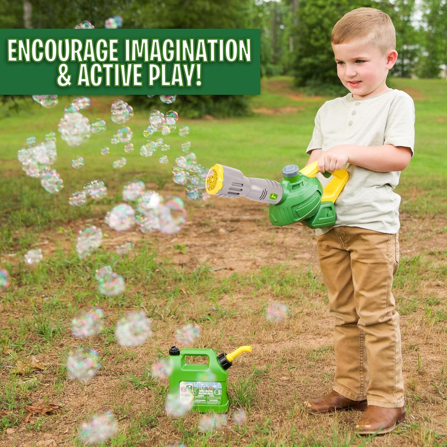 John Deere Bubble Leaf Blower Toy for Kids Includes 24oz Bubble Refill Gas Can, Outdoor Bubble Machine for Kids, Easy to Use, Outdoor Play, Great Gift Toddler 3+