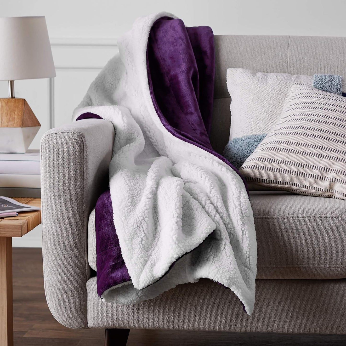 NEW in BAG - Amazon Basics Ultra-Soft Micromink Sherpa Blanket, Throw, Plum - Retail $28