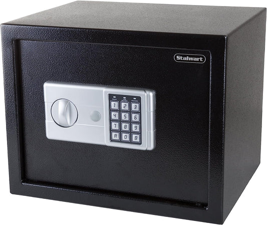NEW - Digital Safe - Compact Steel Money Security Box with Electronic Keypad and 2 Manual Override Keys - Large Strongbox for Valuables by Stalwart (Black) 17.9 in x 15.4 in x 15.2 in - Retail $89