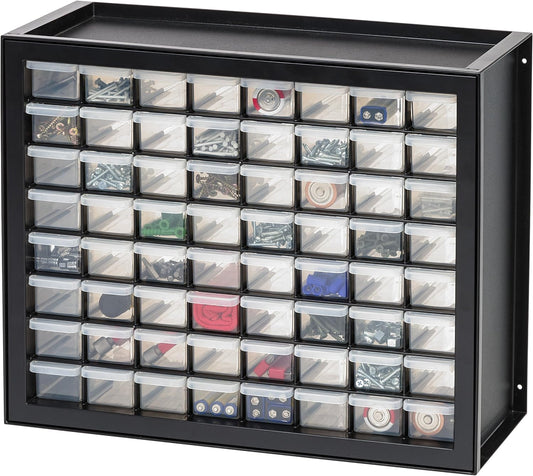 NEW - IRIS USA 64 Drawer Stackable Storage Cabinet for Hardware Parts Crafts, 19.5-Inch W x 7-Inch D x 15.5-Inch H, Black - Small Brick Organizer Utility Chest, Scrapbook Hobby Multiple Compartment - Retail $49