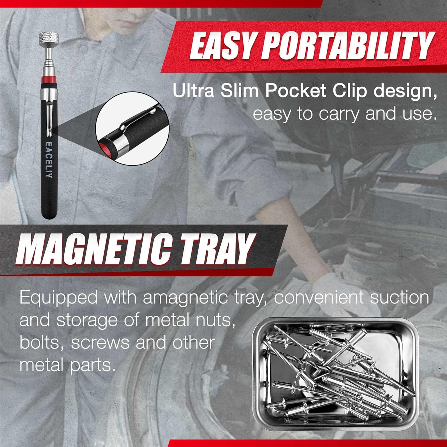 5PCS Telescoping Magnetic Pickup Tool, Magnetic Pick-Up Sweeper, Telescopic design extends to 30.4 INCH reach, Extendable Handle for Easy Portability