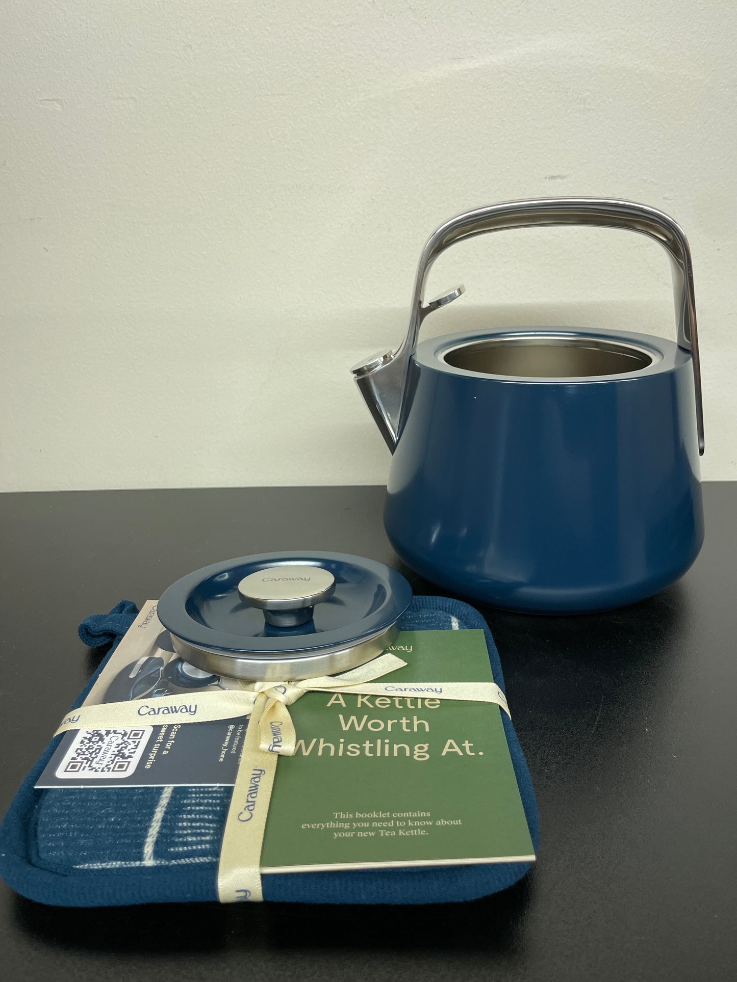 NEW - Caraway 2 Quart Whistling Tea Kettle - Durable Stainless Steel Tea Pot - Fast Boiling, Stovetop Agnostic - Non-Toxic, PTFE & PFOA Free - Includes Pot Holder - Navy - Retail $195