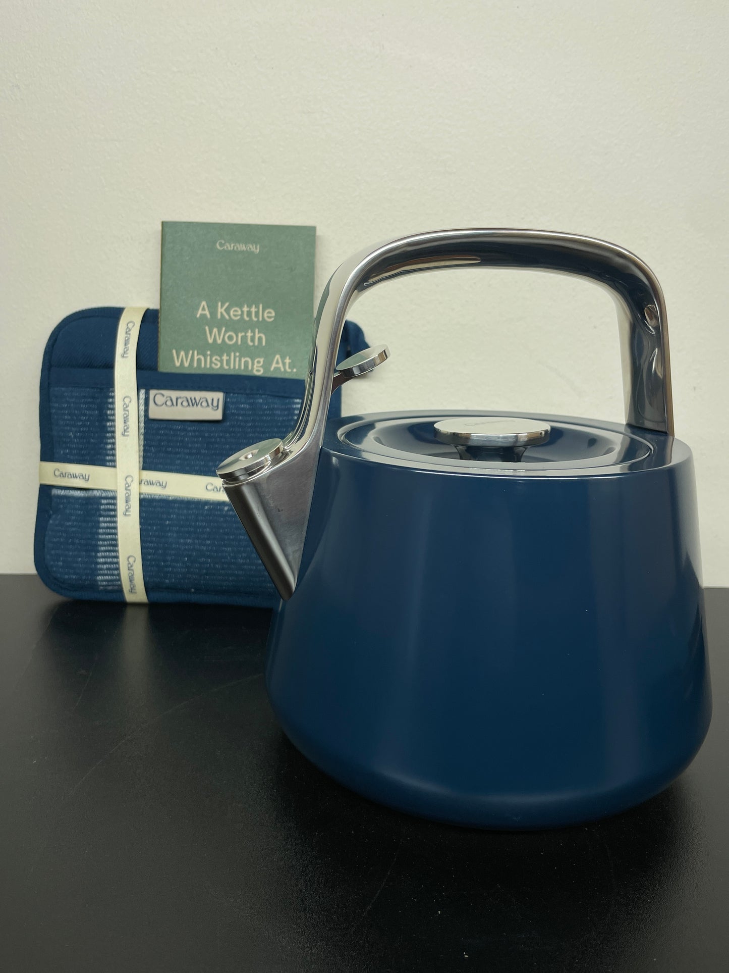 NEW - Caraway 2 Quart Whistling Tea Kettle - Durable Stainless Steel Tea Pot - Fast Boiling, Stovetop Agnostic - Non-Toxic, PTFE & PFOA Free - Includes Pot Holder - Navy - Retail $195