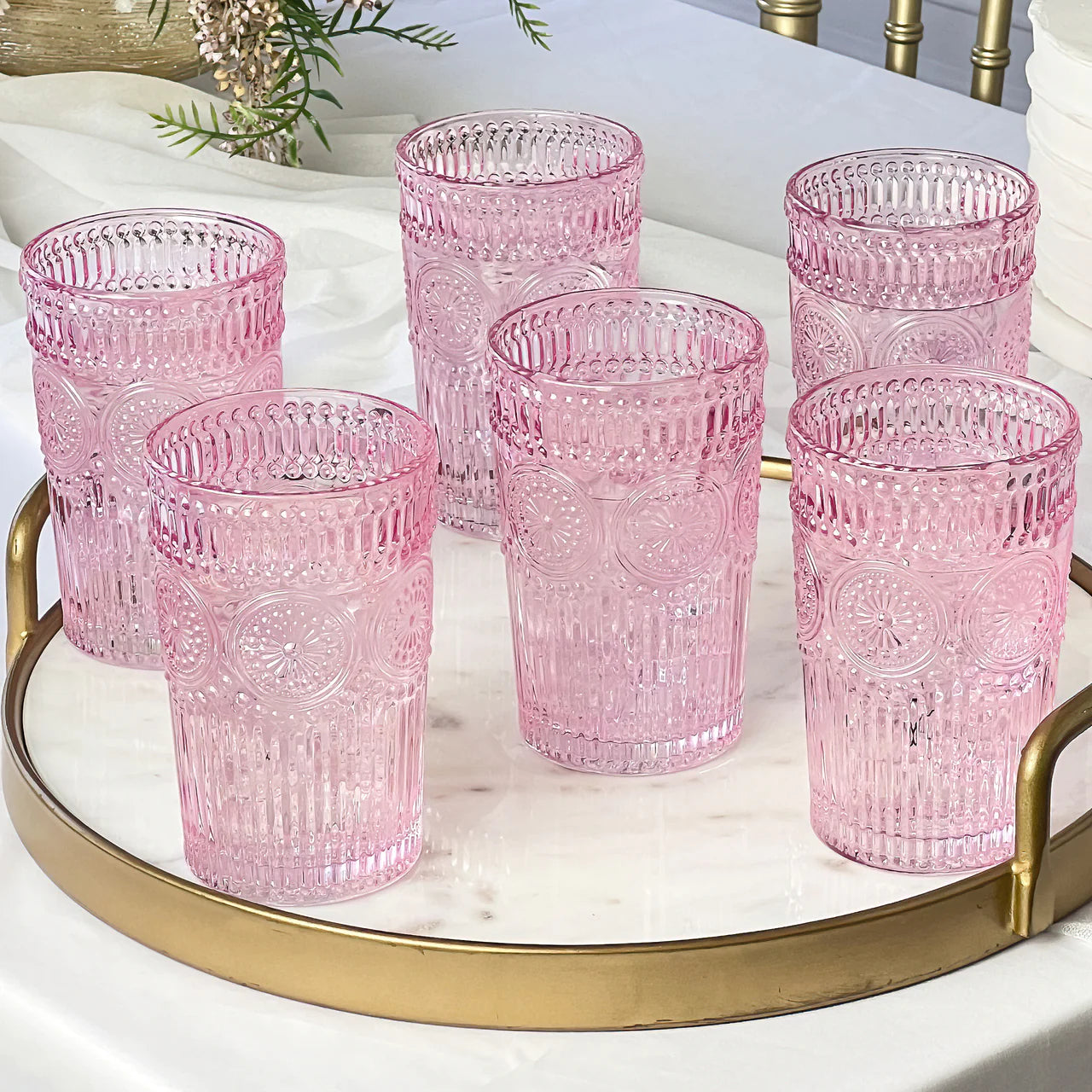 Vintage Textured Pink Striped Drinking Glasses (Set of 6) - 13 oz Ribbed Glassware with Flower Design| Cocktail Set, Juice Glass, Water Cups, Kitchen Glasses