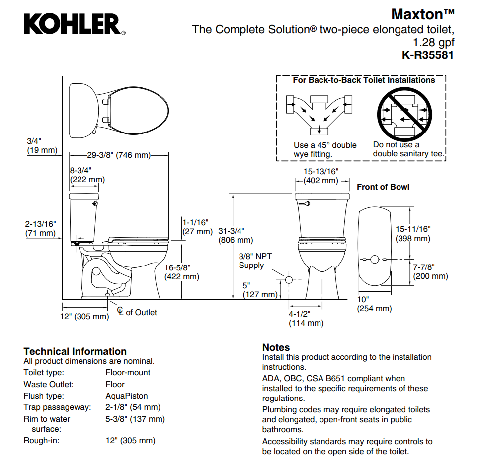 NEW - Kohler Maxton Two-Piece Toilet - Retail $229