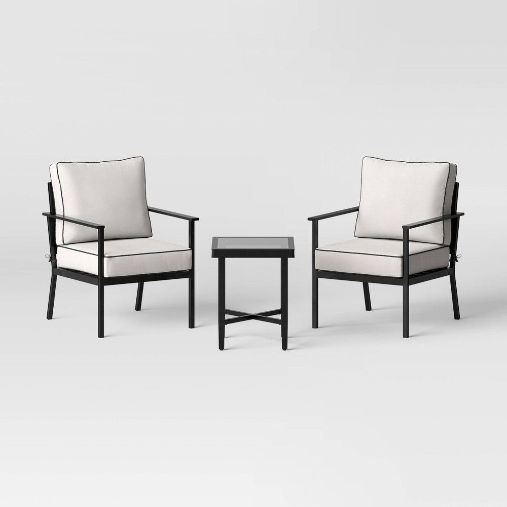 3pc Searsburg Aluminum Outdoor Patio Conversation Set Black - Threshold: Weather-Resistant with Glass-Top Table