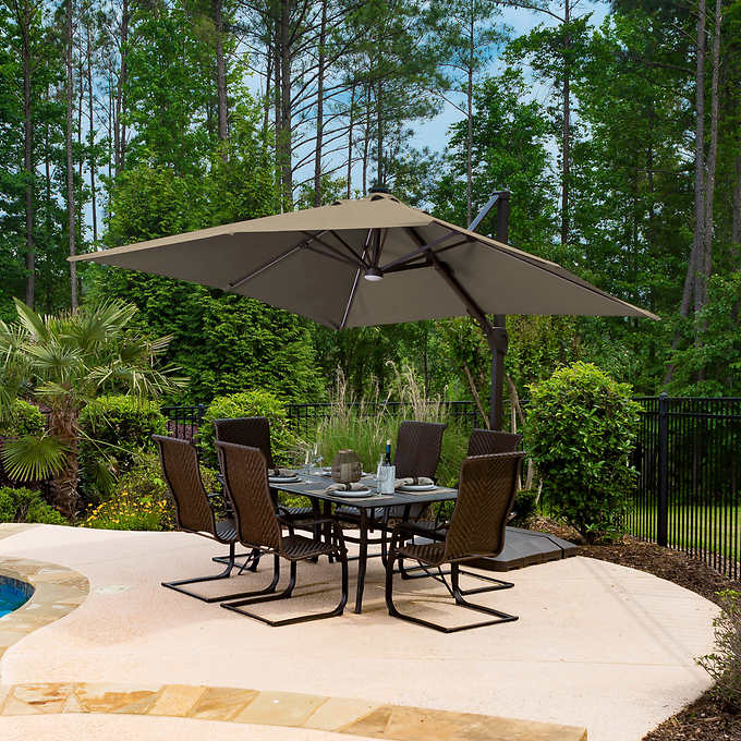 Like NEW - Costco - Seasons Sentry TAN 10' Square Solar LED Cantilever Umbrella -Retail $899