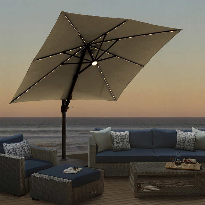 Like NEW - Costco - Seasons Sentry TAN 10' Square Solar LED Cantilever Umbrella -Retail $899