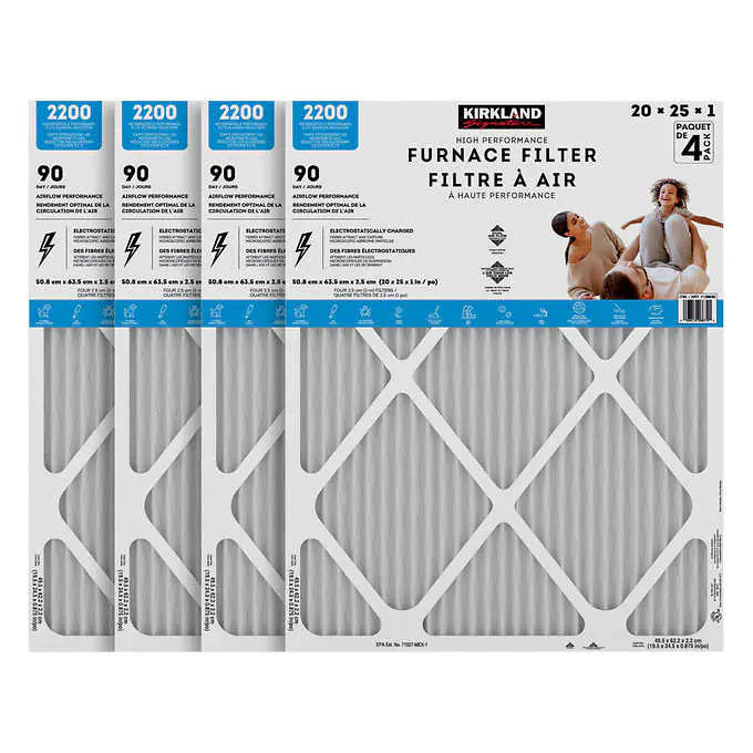 NEW - 4 Pack - Kirkland 20 x 25 x 1, 2200 High Performance Furnace Filters - Retail $39