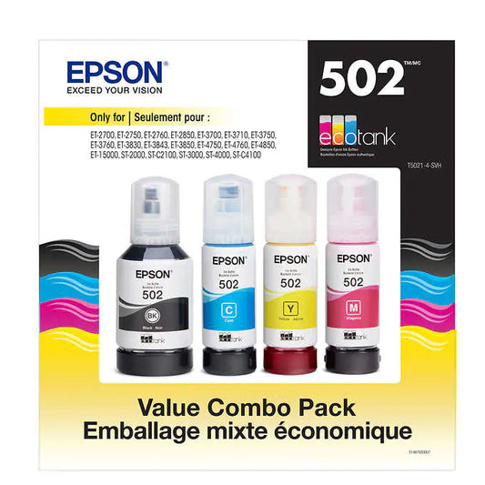 Epson T502 EcoTank Ink Bottles BK/C/Y/M, Club Pack - Retail $49