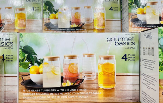 Gourmet Basics By Mikasa 4 Piece 18 Oz Glass Tumbler With Lid & Straw- Retail $12