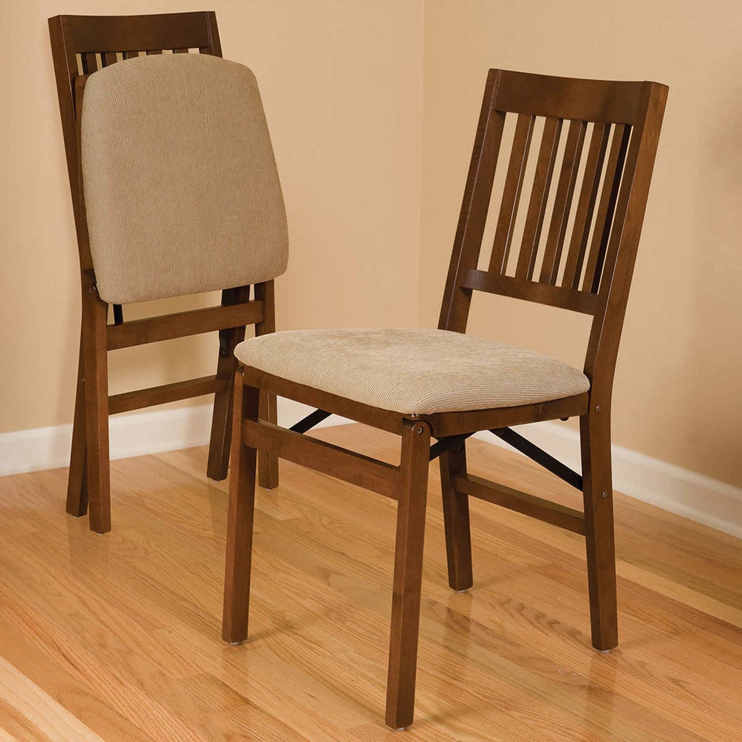 Costco - Stakmore Wood Upholstered Folding Chair, Fruitwood, 2-pack - Retail $99